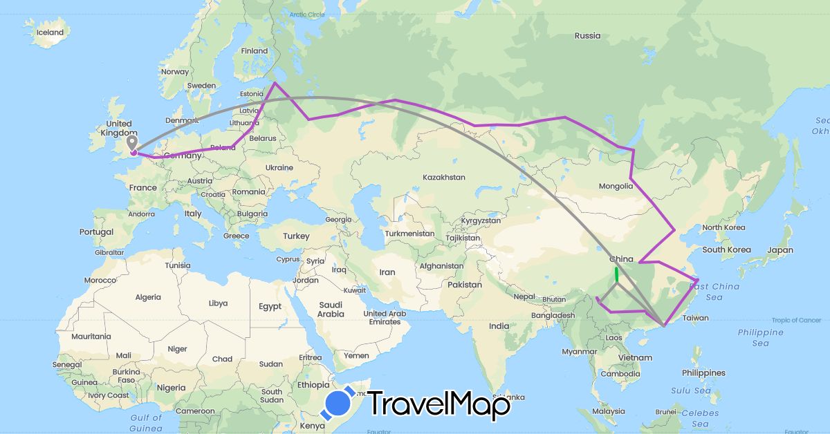 TravelMap itinerary: driving, bus, plane, train in Belgium, China, Germany, United Kingdom, Lithuania, Mongolia, Poland, Russia (Asia, Europe)