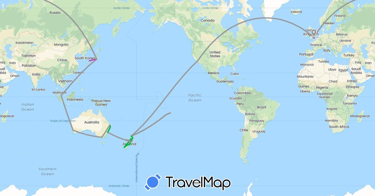 TravelMap itinerary: driving, bus, plane, train, boat in Australia, France, United Kingdom, Japan, New Zealand, Singapore, United States (Asia, Europe, North America, Oceania)